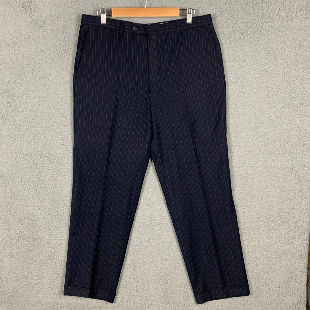 Hickey Freeman 2‎ Piece Suit 42L Navy Pinstripe Wool H F LTD Pants 34 x 30